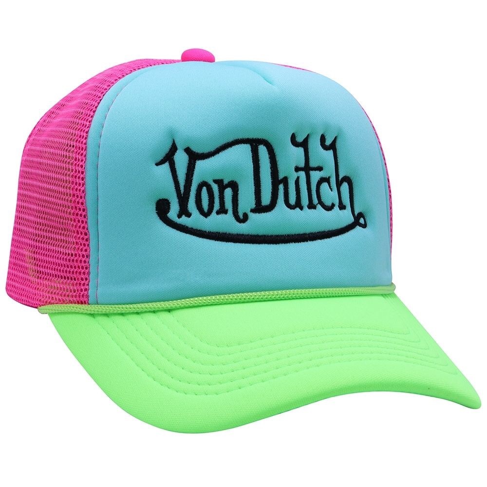 Von Dutch Neon Pink Mesh Aqua Front Lime Green Brim Trucker Hat